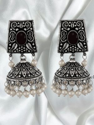 Gorgeous German Silver Red Black Jhumki Earrings