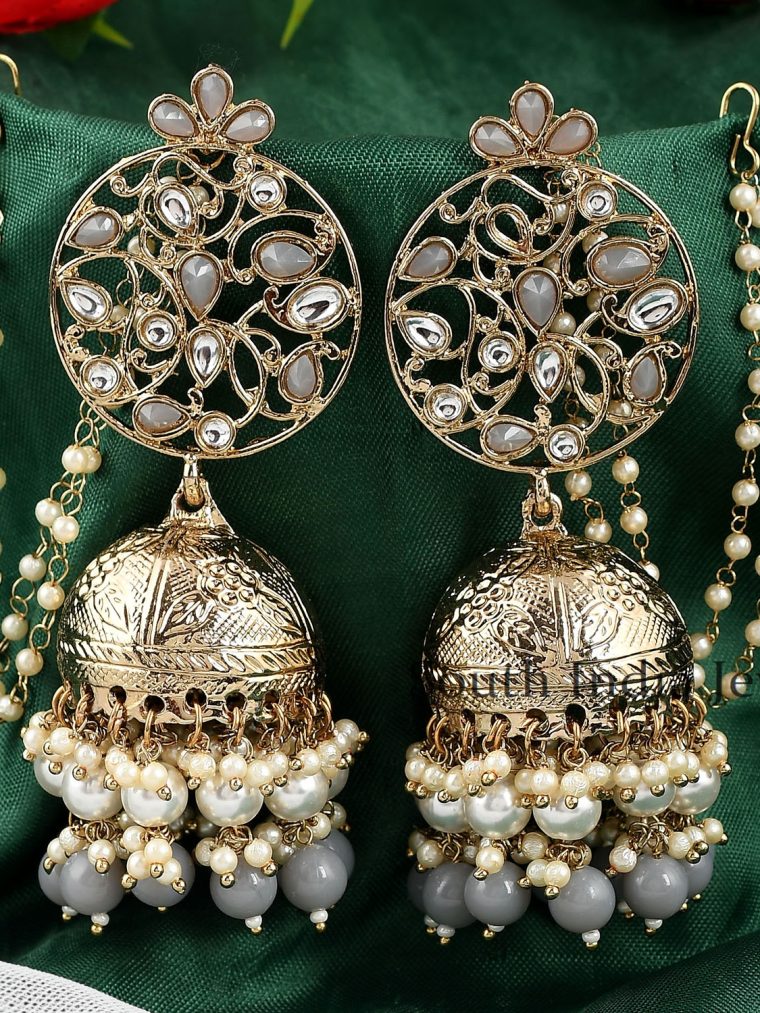 Gorgeous Grey Pearl Drops Statement Kundan Jhumka Earrings with Earchain