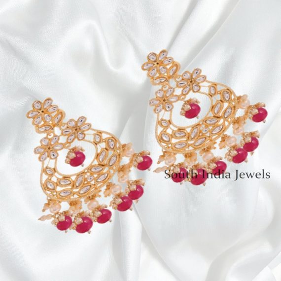Gorgeous Kundan and Dark Pink stones Chandbali Drop Earrings