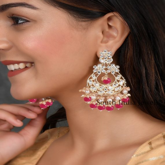 Gorgeous Kundan and Dark Pink stones Chandbali Drop Earrings01