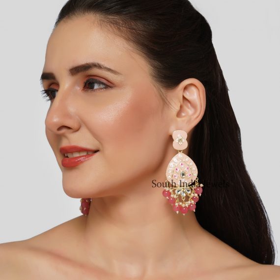 Gorgeous Pastel Pink Meenakari with Beads Drop Brass Earrings