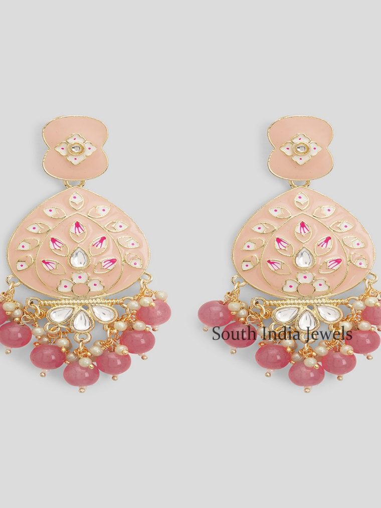 Gorgeous Pastel Pink Meenakari with Beads Drop Brass Earrings