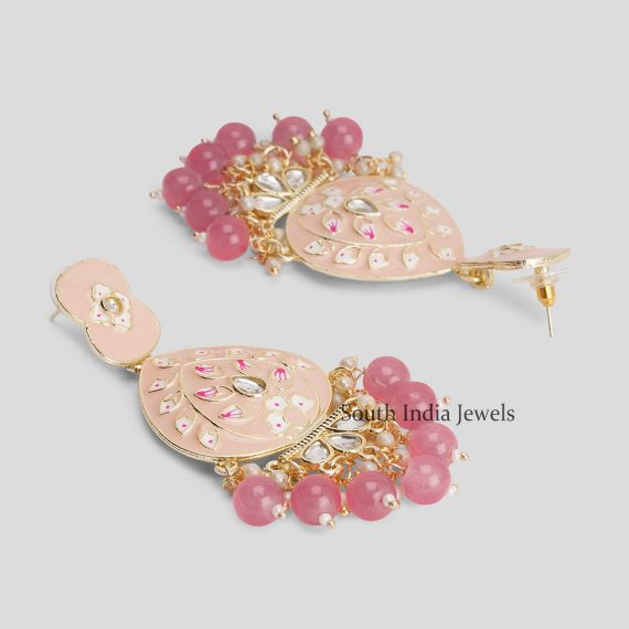 Gorgeous Pastel Pink Meenakari with Beads Drop Brass Earrings