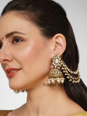 Marvelous Mirror Studded Copper Jhumkas with Hair ChainsKaan Chain and Pearl drops