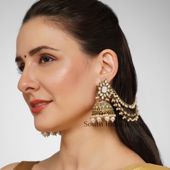 Marvelous Mirror Studded Copper Jhumkas with Hair Chains/Kaan Chain and ...