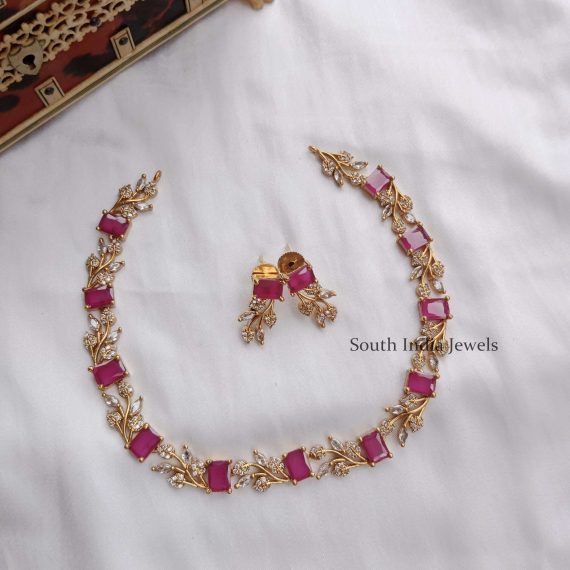 Sparkling Square Ruby In Leaf Pattern With AD Necklace