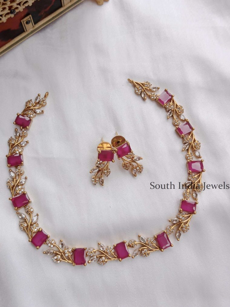 Sparkling Square Ruby In Leaf Pattern With AD Necklace