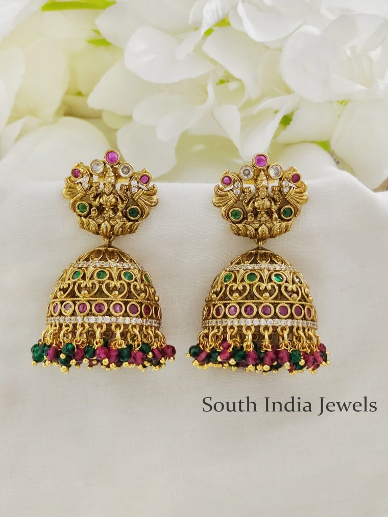 Stunning Antique Lakshmi Temple Jhumka Earrings with Red and Green Beads