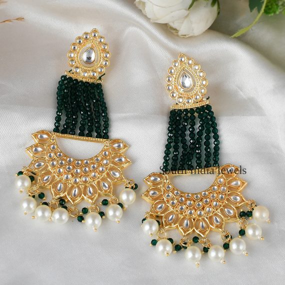 Stunning Green Glossy Stones Jhoomar Style Chandbali Earrings