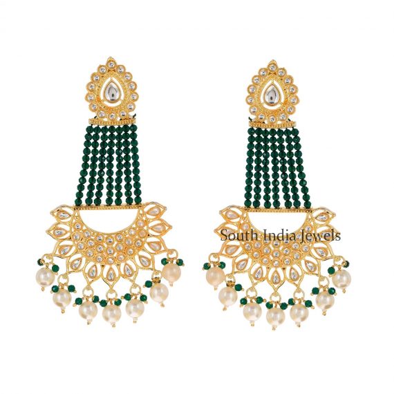 Stunning Green Glossy Stones Jhoomar Style Chandbali Earrings