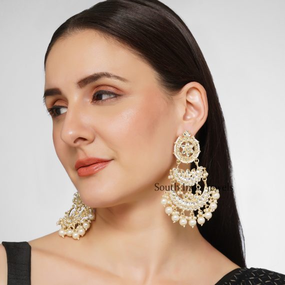 Stunning Kundan and Pearl Studded Layered Brass ChandBali Earrings