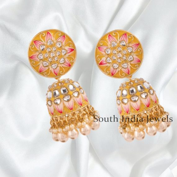 Stunning Yellow Meenakari and Kundan Jhumka Earrings