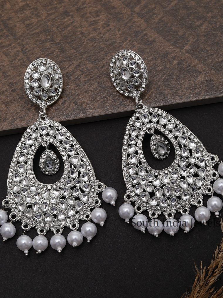 Trendy Silver-Plated Handcrafted Kundan Embellished Teardrop Dangle Earrings