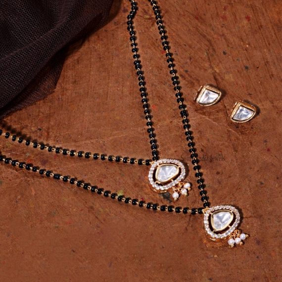 Wonderful Black Beaded Kundan Polki Diamond Mangalsutra With Earrings