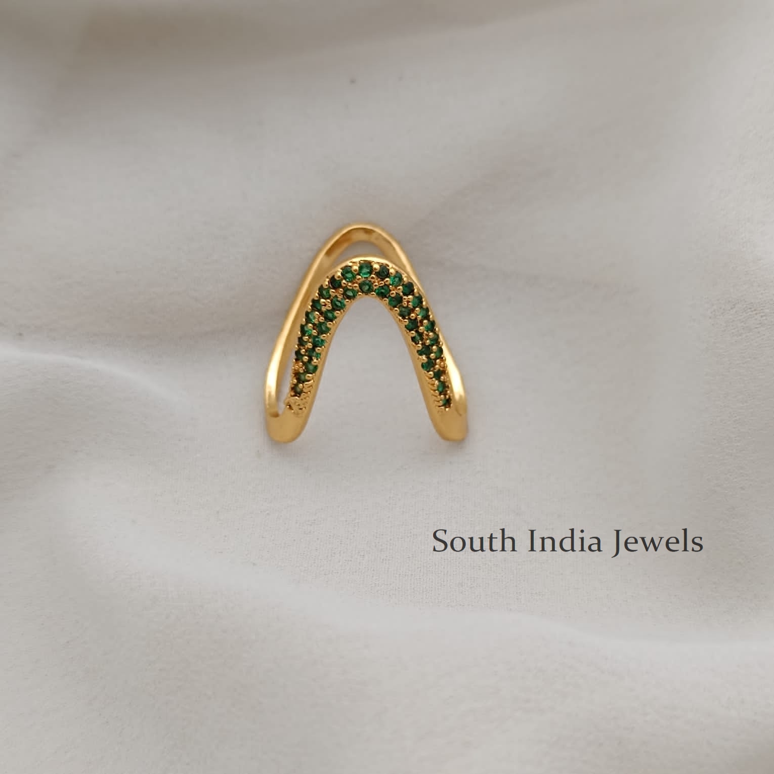 Beautiful Peacock V Shape Emerald Finger Ring - South India Jewels