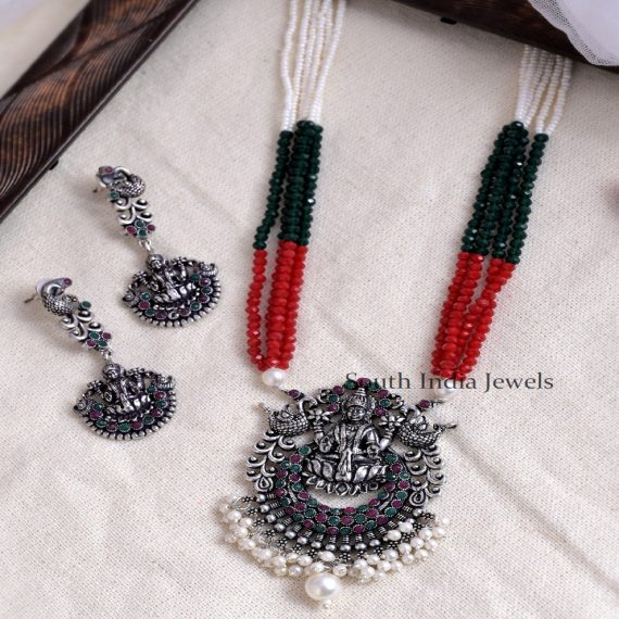 Wonderful Germal Silver Handcrafted Divine Lakshmi with Red Green Beaded Necklace Set