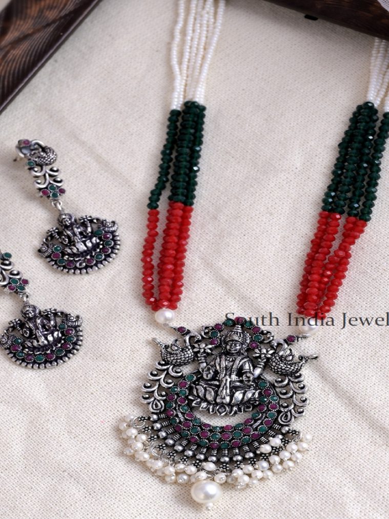 Wonderful Germal Silver Handcrafted Divine Lakshmi with Red Green Beaded Necklace Set