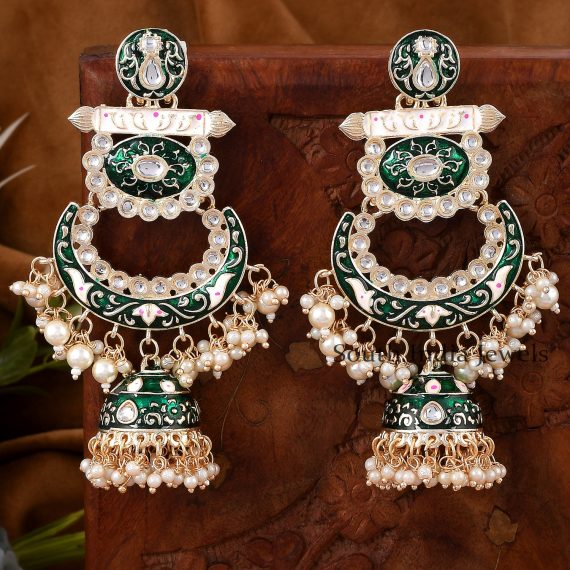 Wonderful Green Meenakari and Pearl Jhumka Earrings