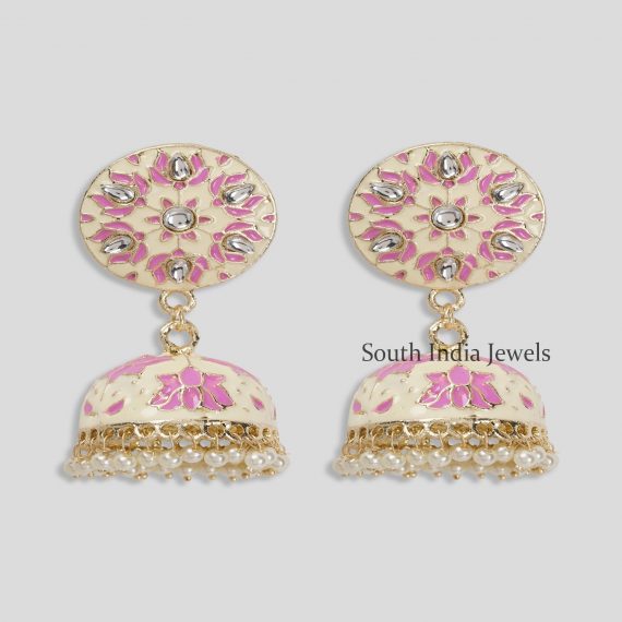 Wonderful OffWhite and Pink Meenakari Work & Pearls Copper Small Jhumka Earrings