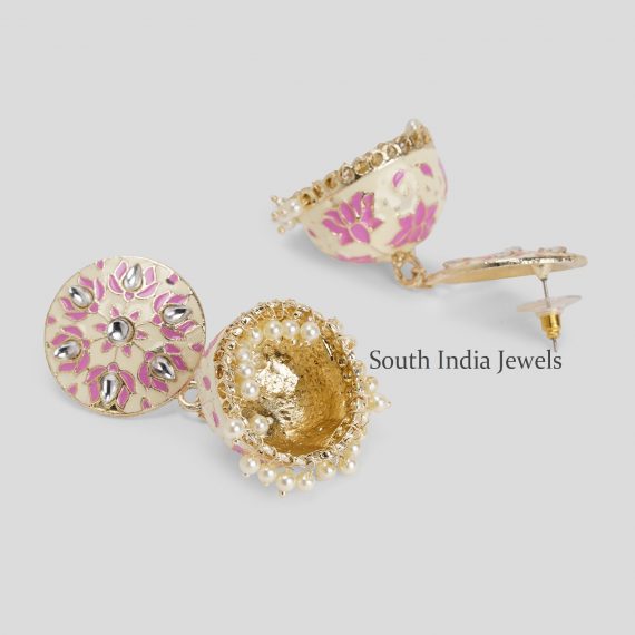 Wonderful OffWhite and Pink Meenakari Work & Pearls Copper Small Jhumka Earrings