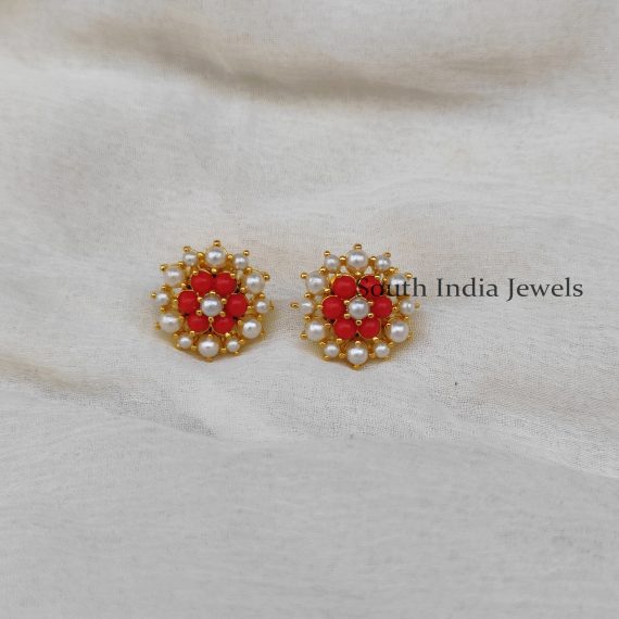 Amazing Red Stones and Pearl Studs