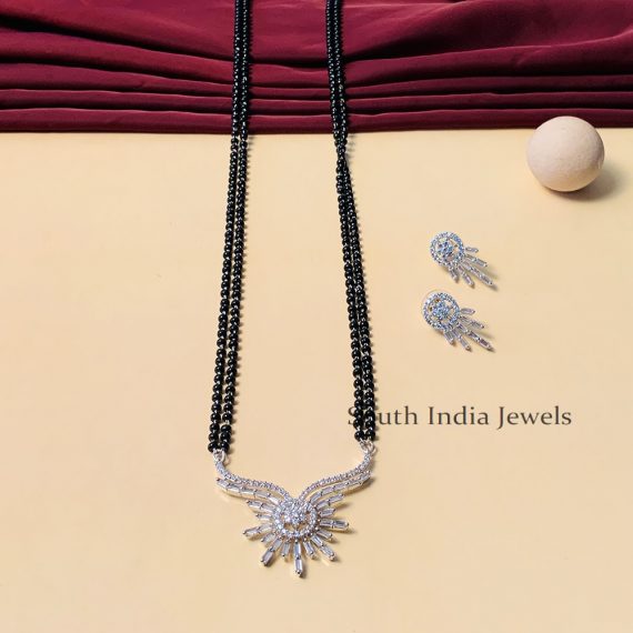 Amazing Silver Plated Black Beaded & American Diamond Long Mangalsutra & With Pair of Earrings