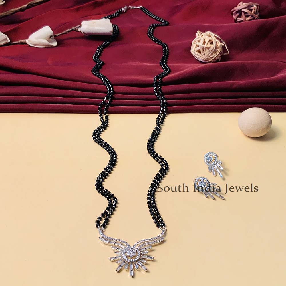 Amazing Silver Plated Black Beaded & American Diamond Long Mangalsutra & With Pair of Earrings