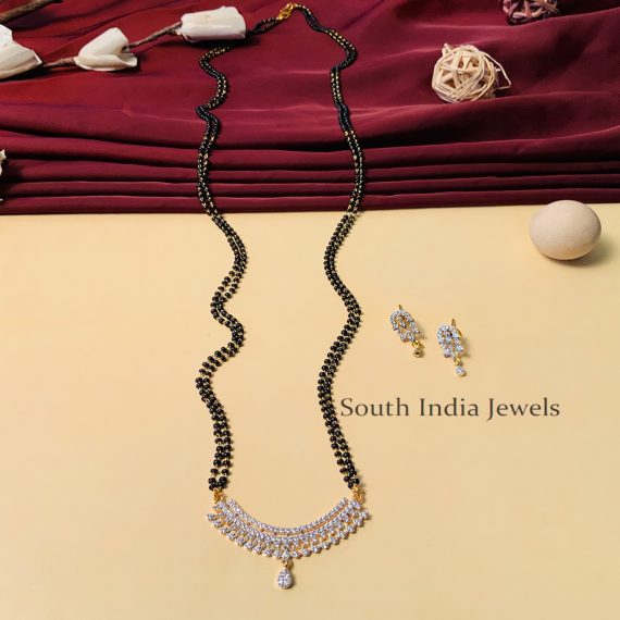 Beautiful Black Beaded & American Diamond Long Mangalsutra & With Pair of Earrings