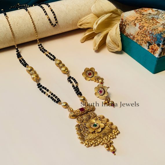 Beautiful Black Beaded & Antique Long South Indian Mangalsutra & With Pair of Earrings