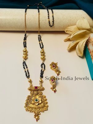 Beautiful Black Beaded & Antique Long South Indian Mangalsutra & With Pair of Earrings