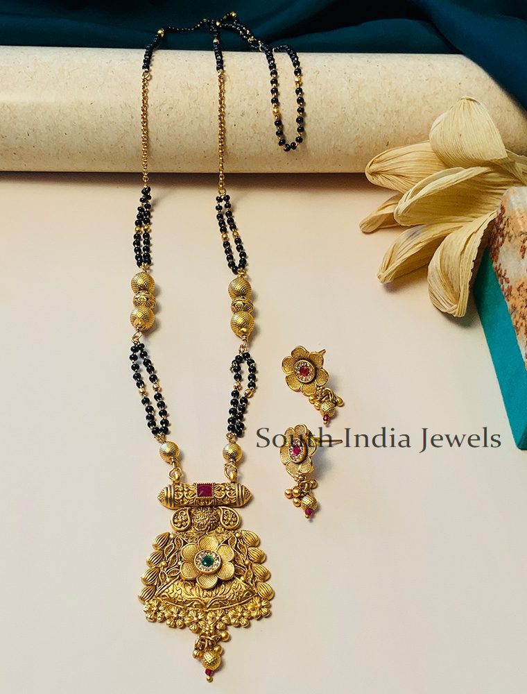 Beautiful Black Beaded & Antique Long South Indian Mangalsutra & With Pair of Earrings