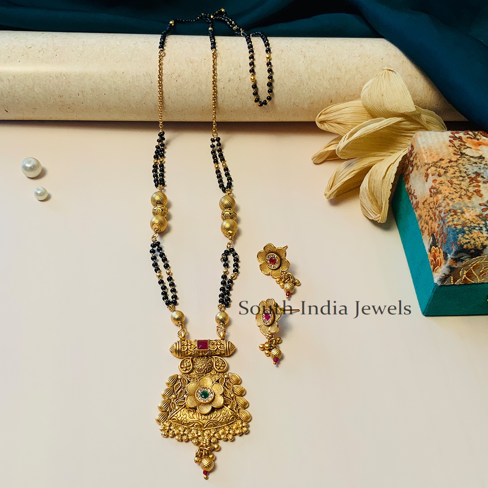 Beautiful Black Beaded & Antique Long South Indian Mangalsutra & With Pair of Earrings