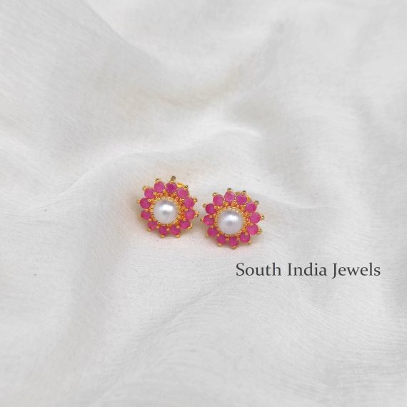 Beautiful Pink Stones and Pearl Studs