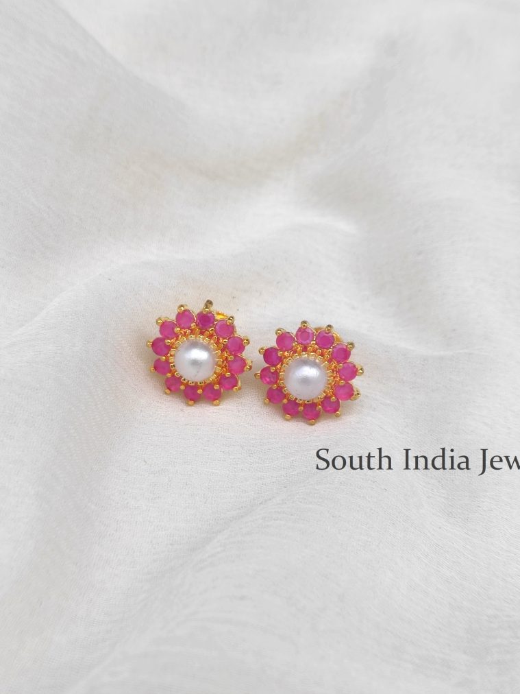 Beautiful Pink Stones and Pearl Studs