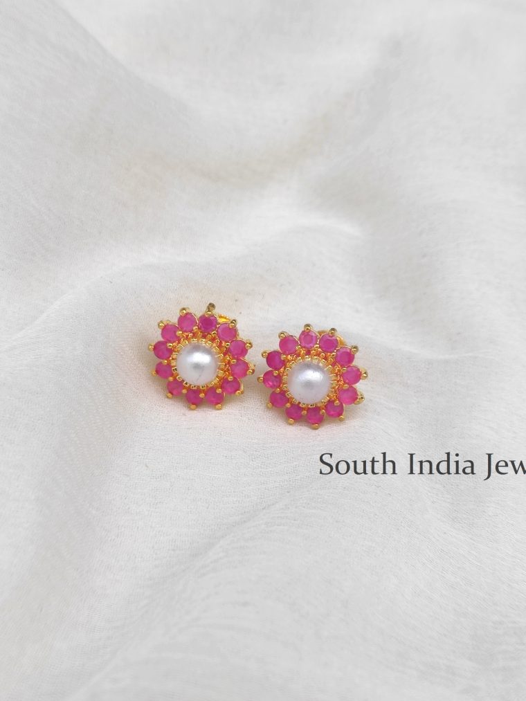 Beautiful Pink Stones and Pearl Studs