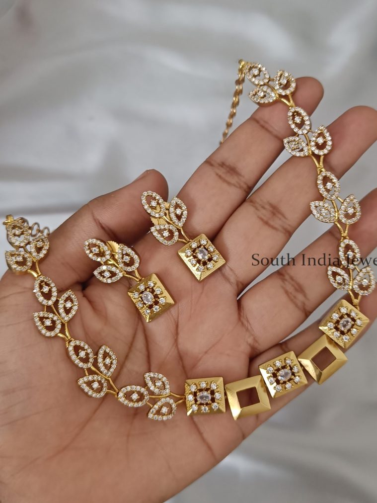 Charming AD Leaves Necklace with Earrings 01