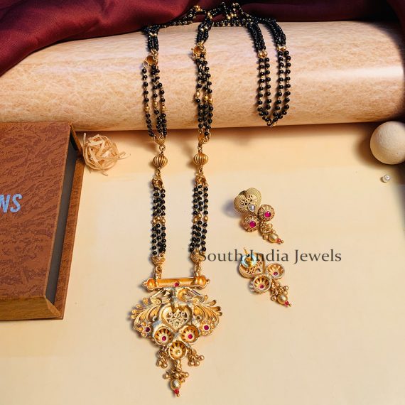 Classic Black Beaded & Antique Long South Indian Mangalsutra & With Pair of Earrings