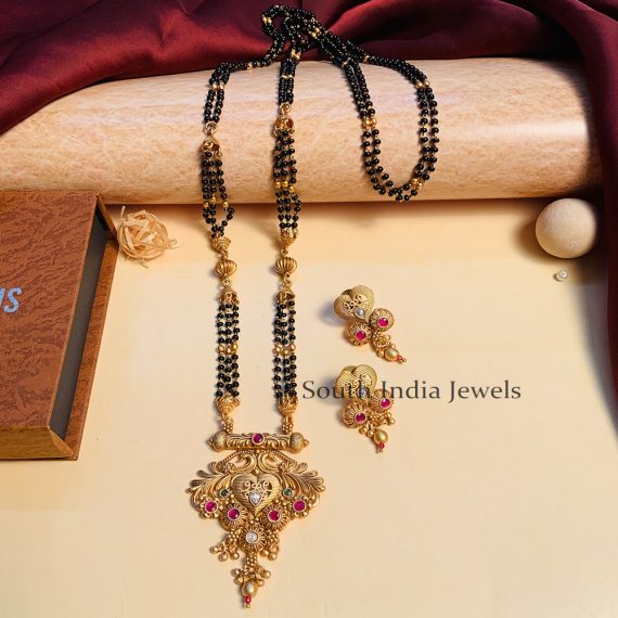 Classic Black Beaded & Antique Long South Indian Mangalsutra & With Pair of Earrings