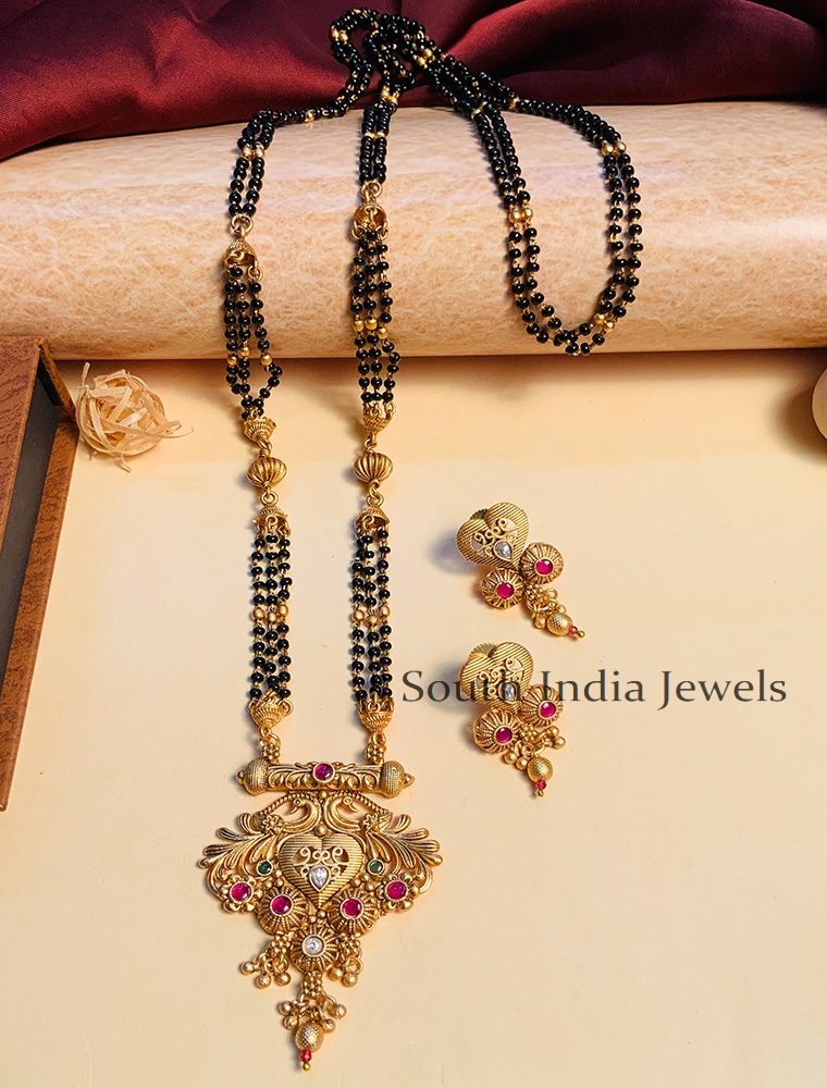 Classic Black Beaded & Antique Long South Indian Mangalsutra & With Pair of Earrings