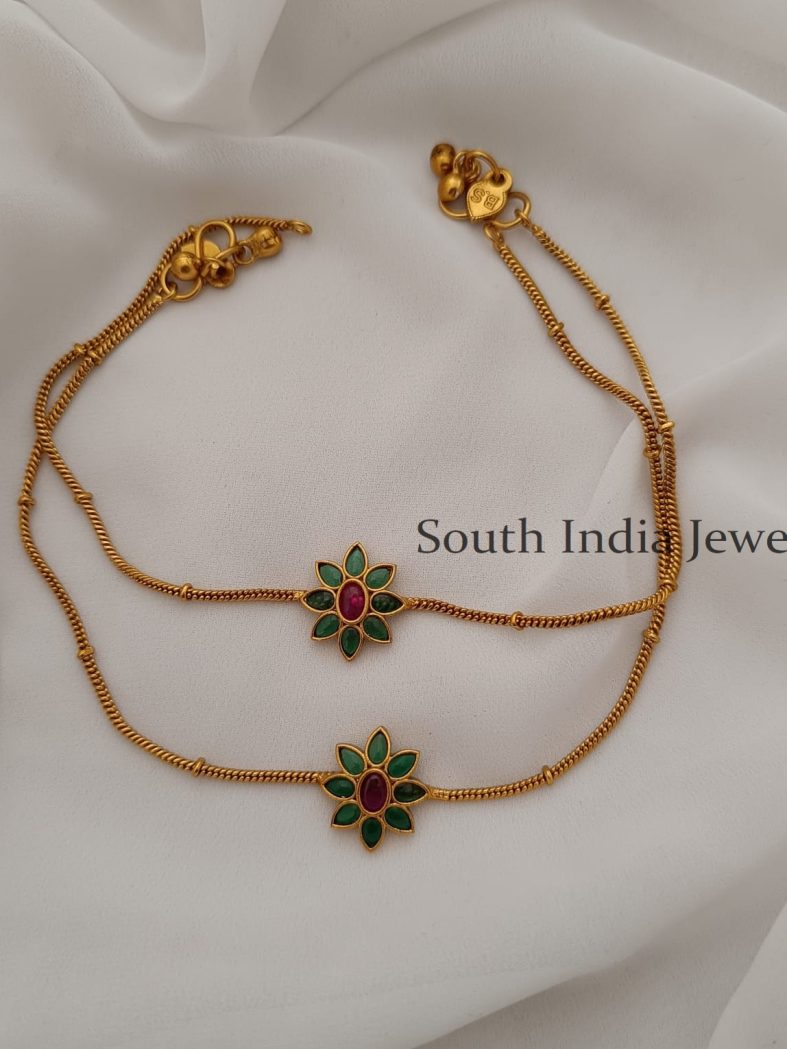 Green Jadau Kundan Flower Anklets