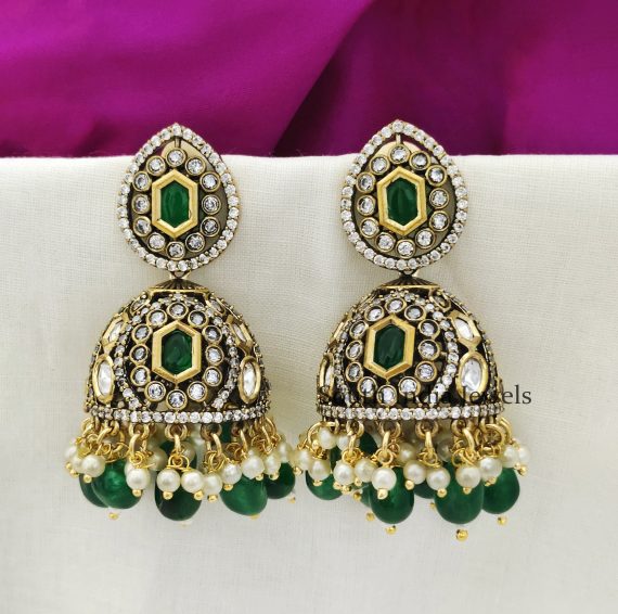 Cute Moissonite Green Monalisa Beads Victorian Polish Kundan Jhumka Earrings