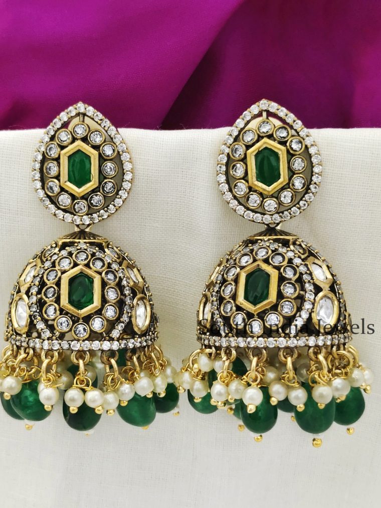 Cute Moissonite Green Monalisa Beads Victorian Polish Kundan Jhumka Earrings