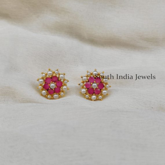 Cute Pink Stones and Pearl Studs