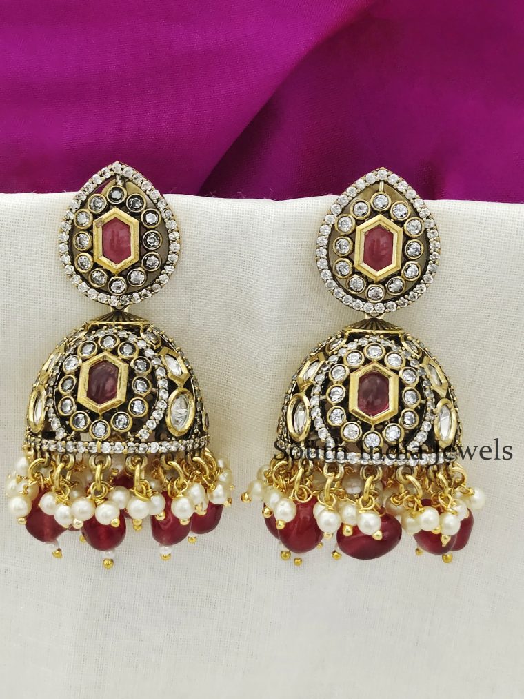Elegant Moissonite Red Monalisa Beads Victorian Polish Kundan Jhumka Earrings