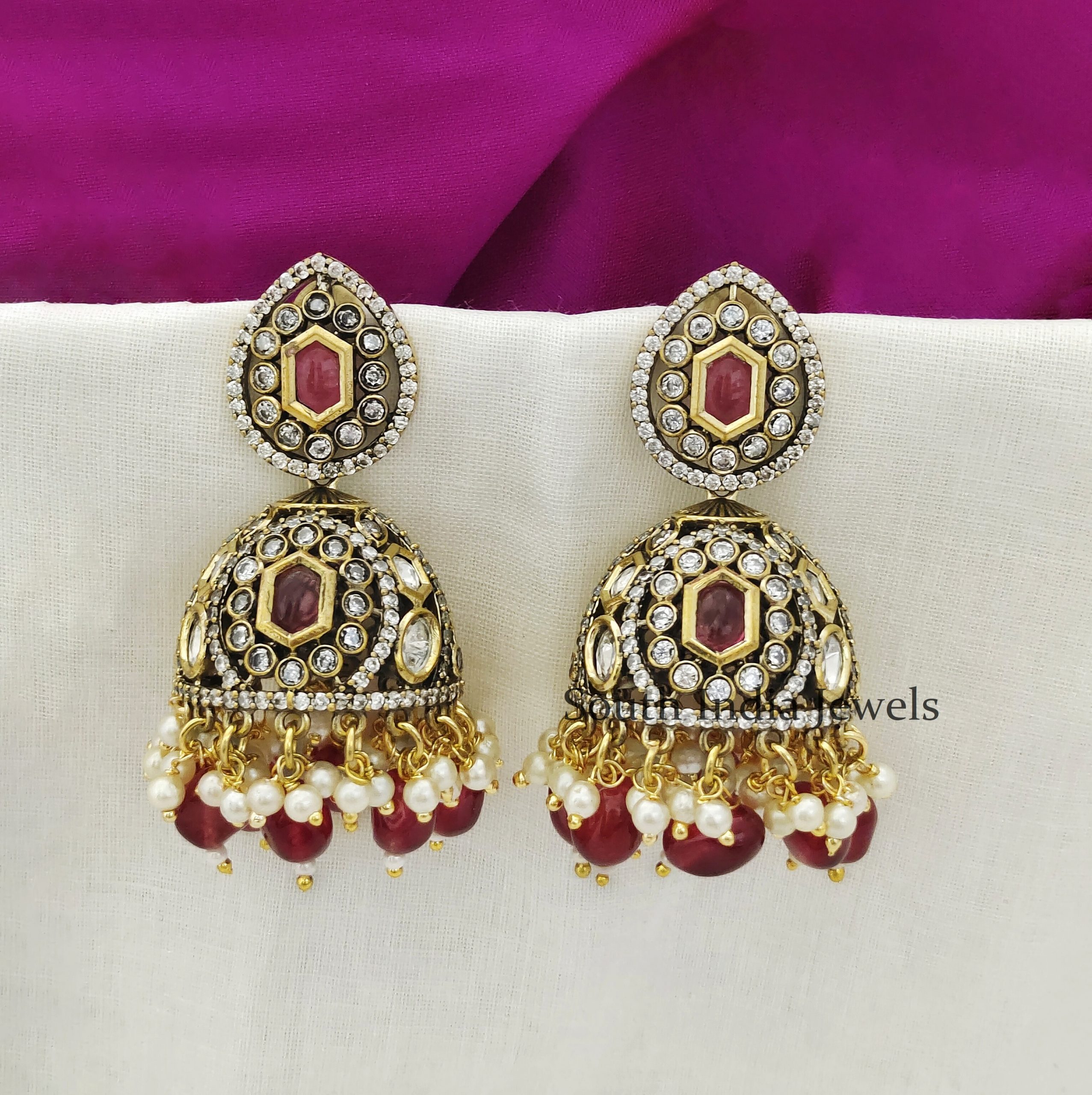 Shop Rubans Gold Plated Handcrafted Kundan  White Perals Jhumka Earrings  Online at Rubans
