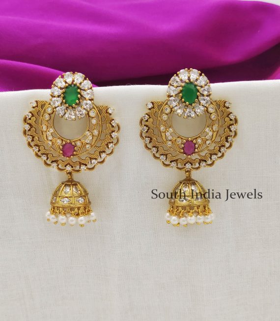 Matte Finish Gold Layer Jhumka Earrings with CZ Pearls