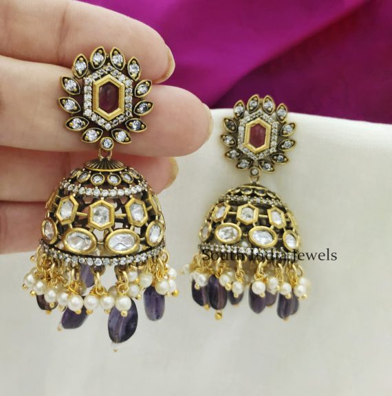 Fantastic Moissonite Purple Monalisa Beads Victorian Polish Jhumka Earrings 01