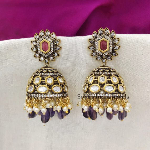Fantastic Moissonite Purple Monalisa Beads Victorian Polish Jhumka Earrings