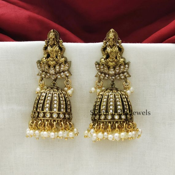 Gorgeous Lakshmi Mehndi Victorian Polish AD Jhumka Earrings