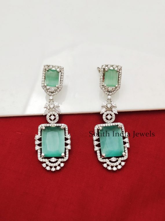 Gorgeous Rhodium Light Mint Green Stone Designer Cubic Zirconia Drop Dangler Earrings